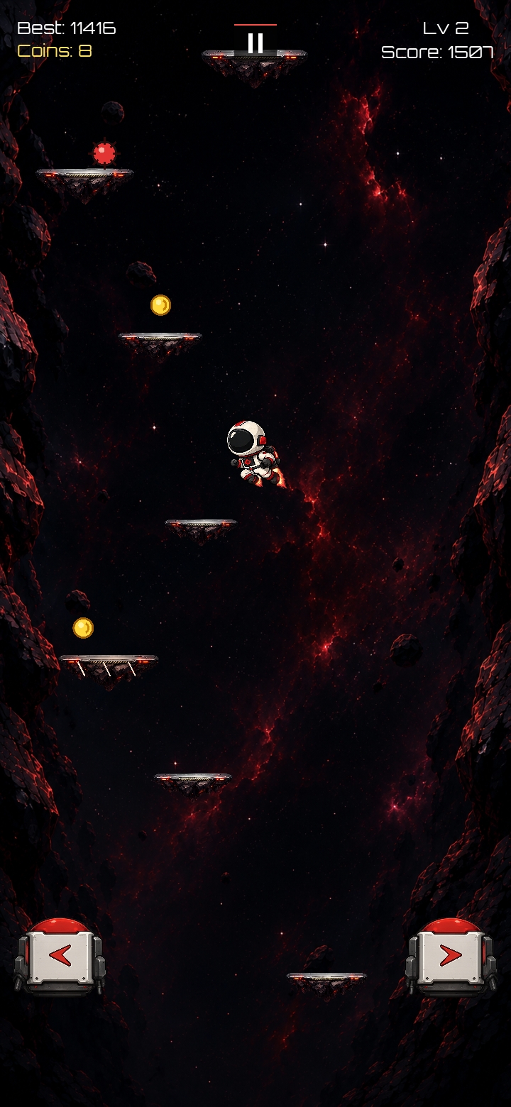 Void Hop gameplay with the astronaut climbing between platforms, coins, and mine hazards